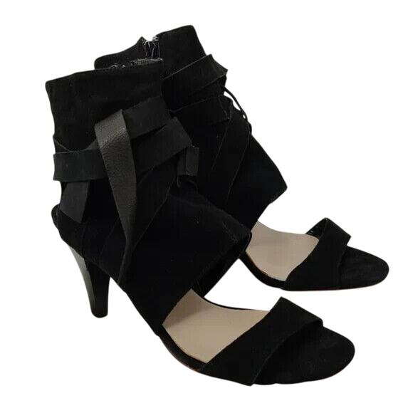 y2k Black Suede Open Toe Ankle Strap Sandal Sz Eur 38 - Picture 1 of 9